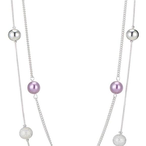 Silver Layered Long Necklace for Women Pearl Crystal Sweater Strand Chain Neckla - Picture 1 of 5